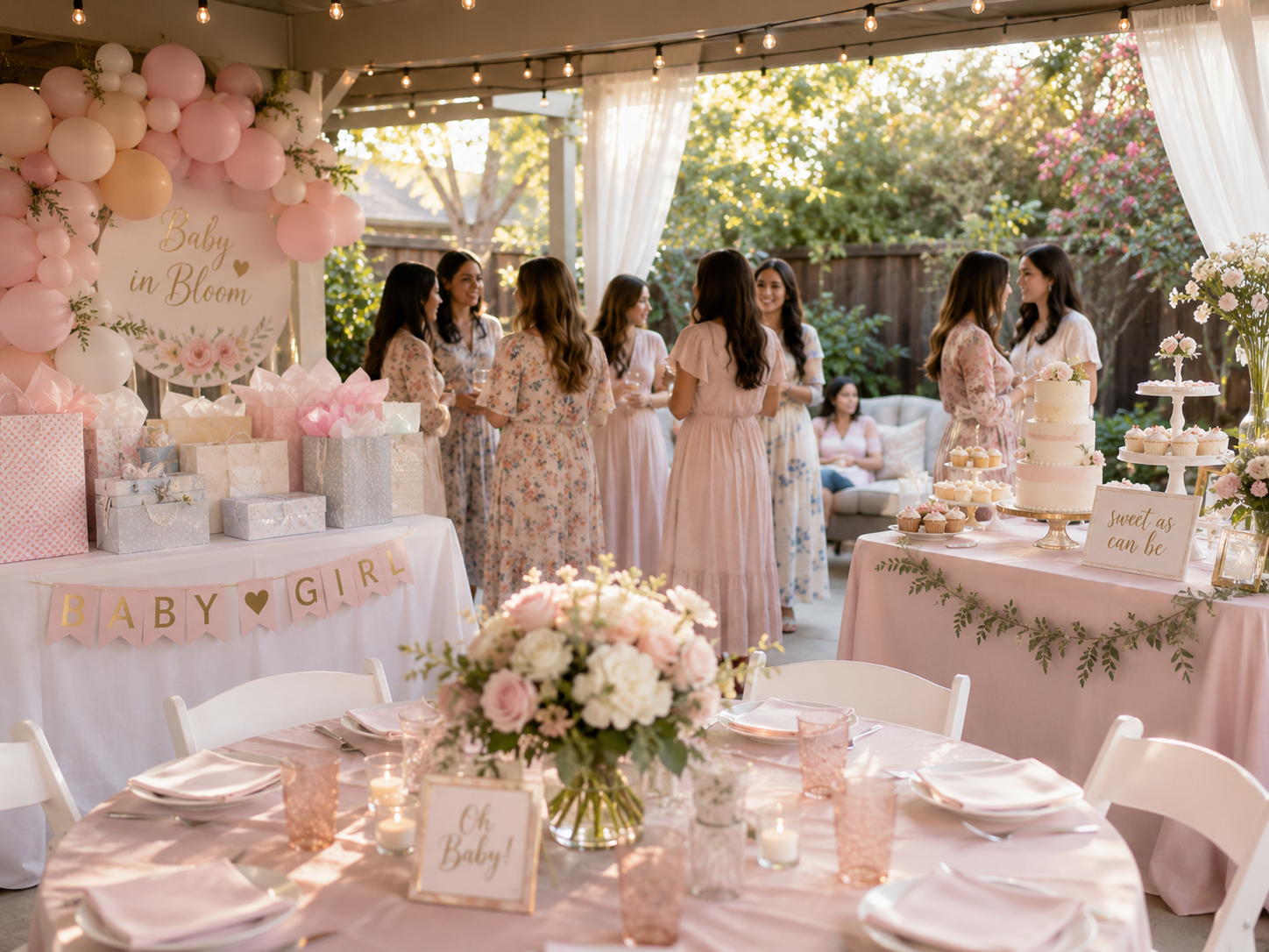 Guests celebrating a baby shower under string lights with a dessert table and balloon decor