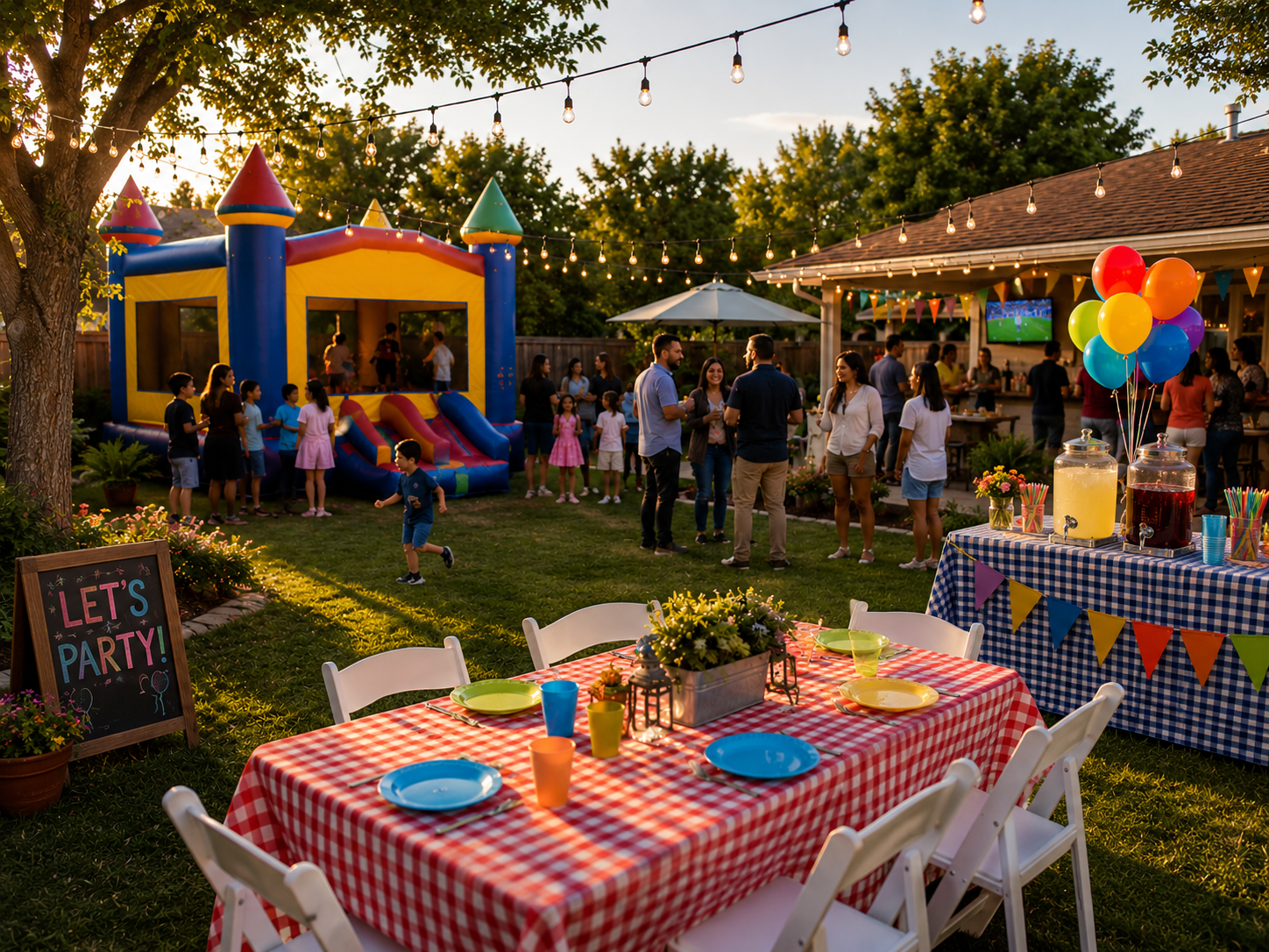 Family and friends gathered at a backyard party with string lights and a decorated dining table