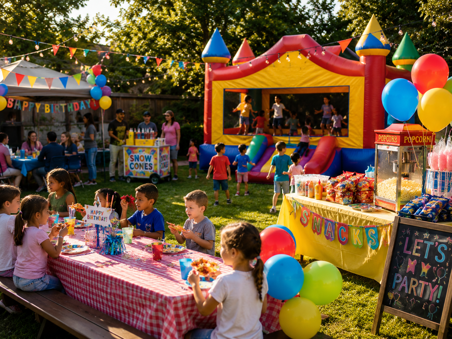 Children celebrating a birthday party in a backyard with a bounce house and snack table