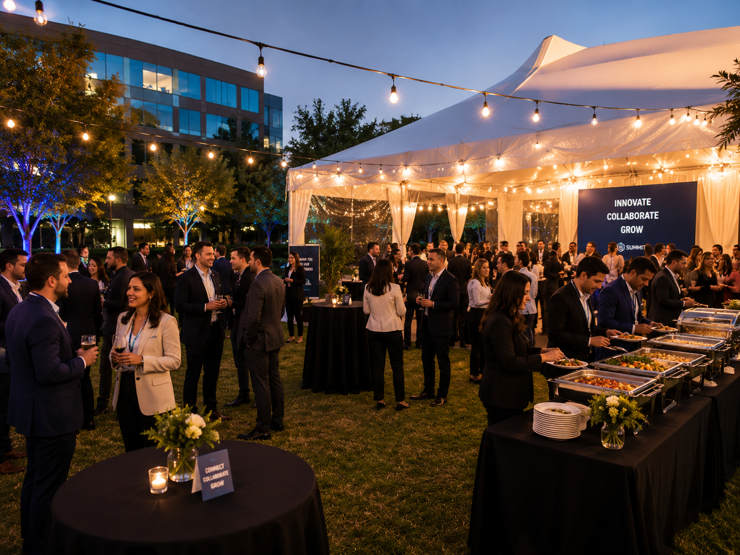 Guests networking at an evening corporate event under a tent with catering stations