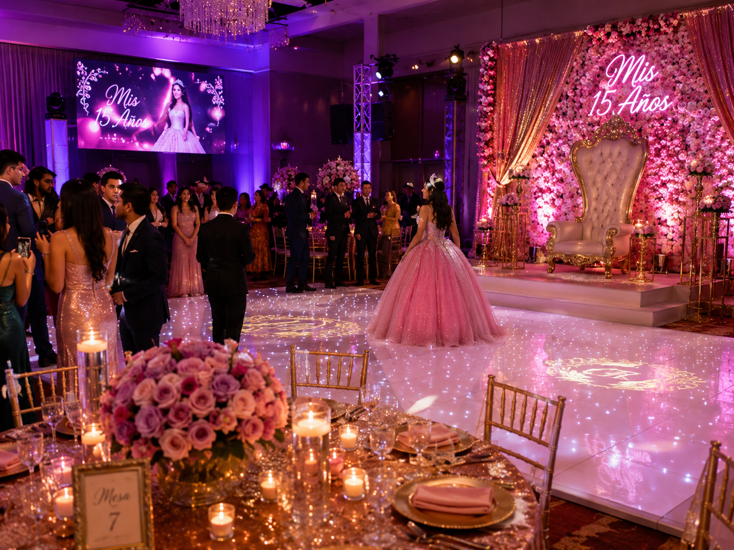Quinceañera in a pink ball gown on an illuminated dance floor with a floral backdrop
