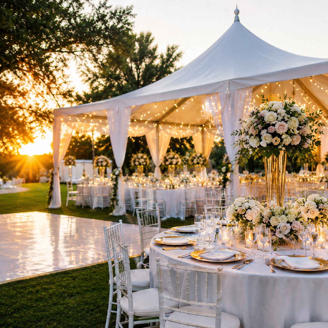 Elegant outdoor wedding reception under a string-lit tent at sunset with floral centerpieces
