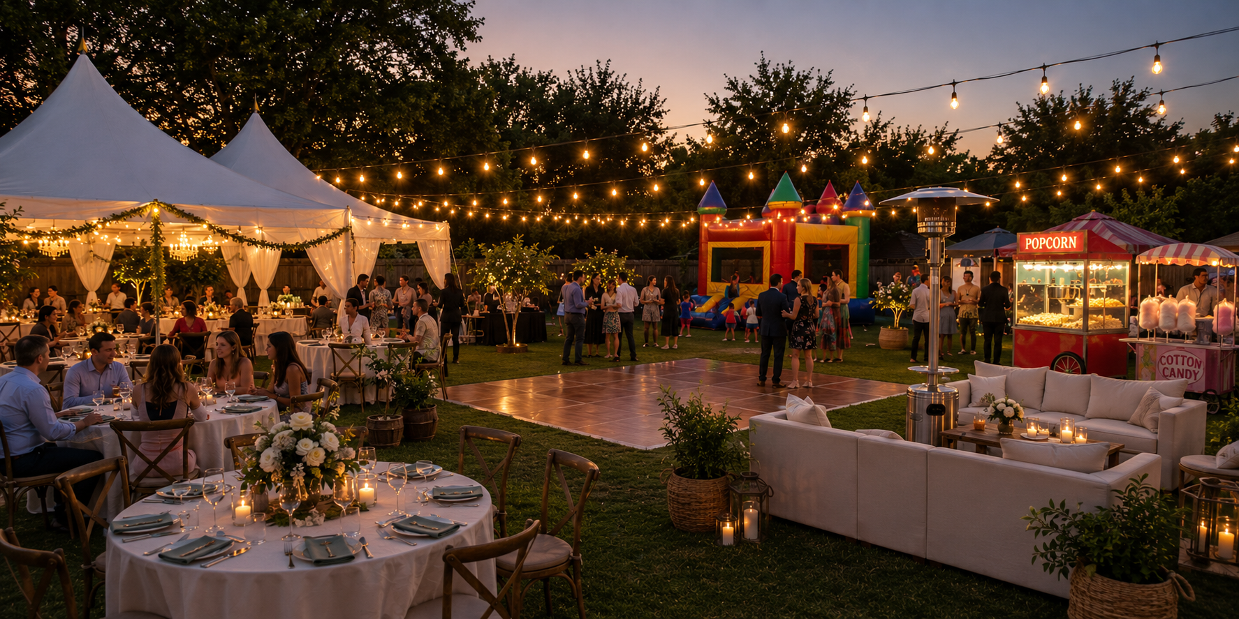 A fully equipped backyard event at dusk with a reception tent, string lights, lounge seating, a dance floor, and a bounce house
