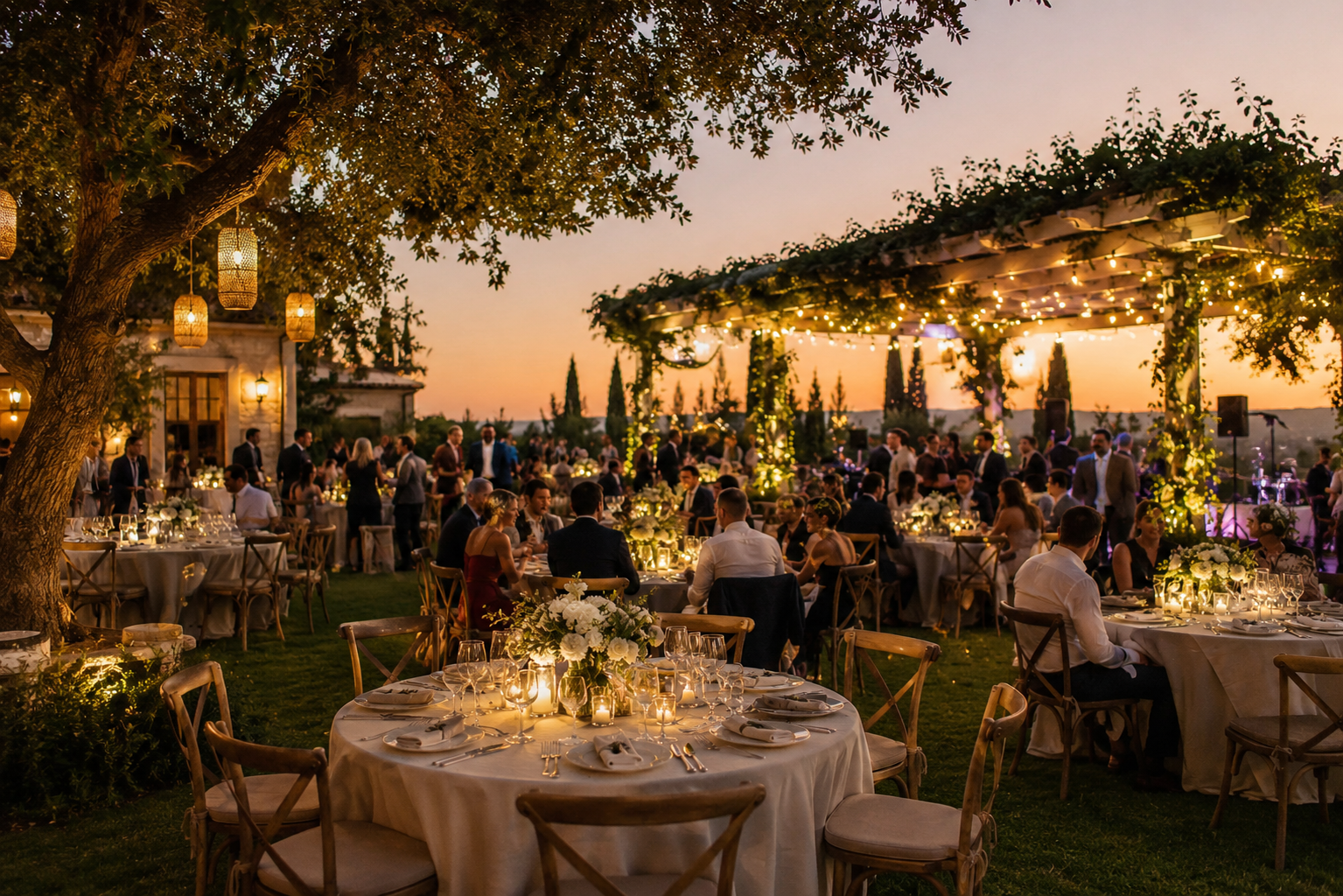 Guests seated at an elegant outdoor evening reception under string lights at sunset